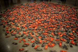 He Xie, or "river crab," consists of more than 3,200 porcelain crabs. "He xie" is also a homophone for the Chinese word for "harmonious," which is part of the Chinese Communist Party slogan. Today, "he xie" has become an ironic Internet euphemism for official censorship.